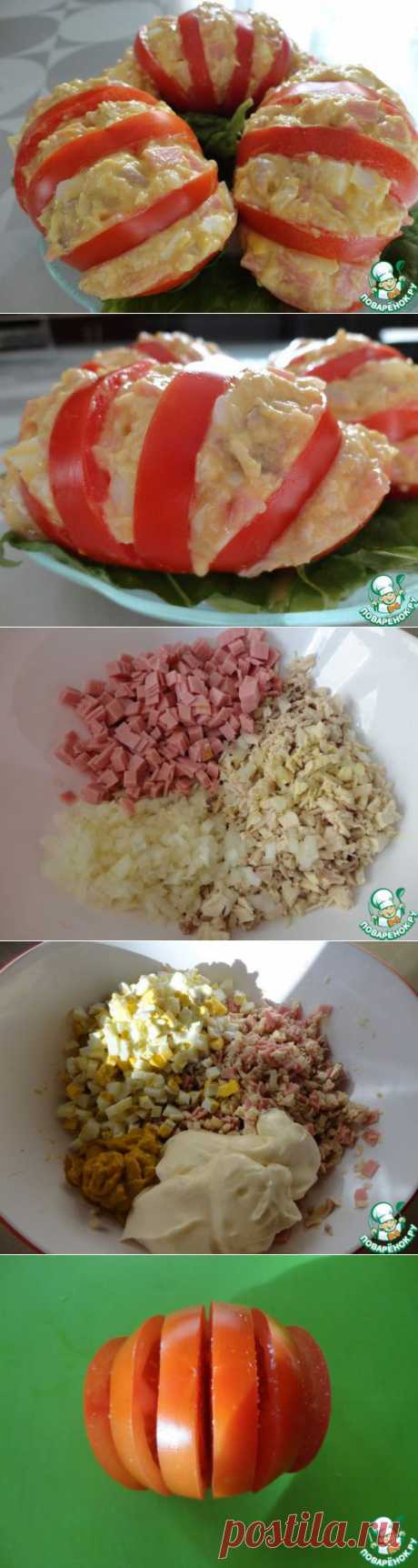 Помидоры с салатом из курицы - сытный, легкий в приготовлении, необычный, эффектный и яркий..
