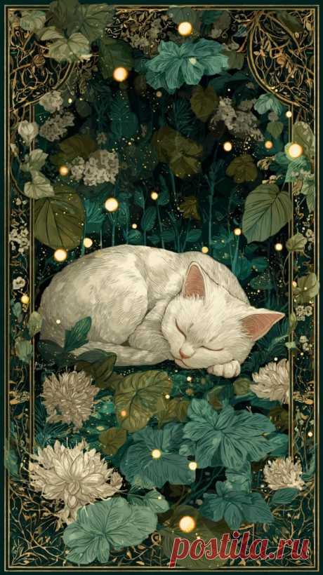 Спящая кошка в окружении светящихся сфер и нежных цветов. Генерация из нейронной сети Миджорни - Midjourney примеры промтов - Форум ИИ о нейросетях - Yes Ai