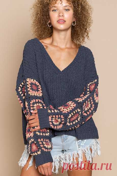 Navy Blue Sweater - V-Neck Knit - Crochet Sleeve Sweater | Boho Pink Discover the Marsha Navy Blue Crochet Sleeve Sweater at BohoPink.com! Cute V-neck sweater with grandma square sweater bell sleeves. Express shipping is available.