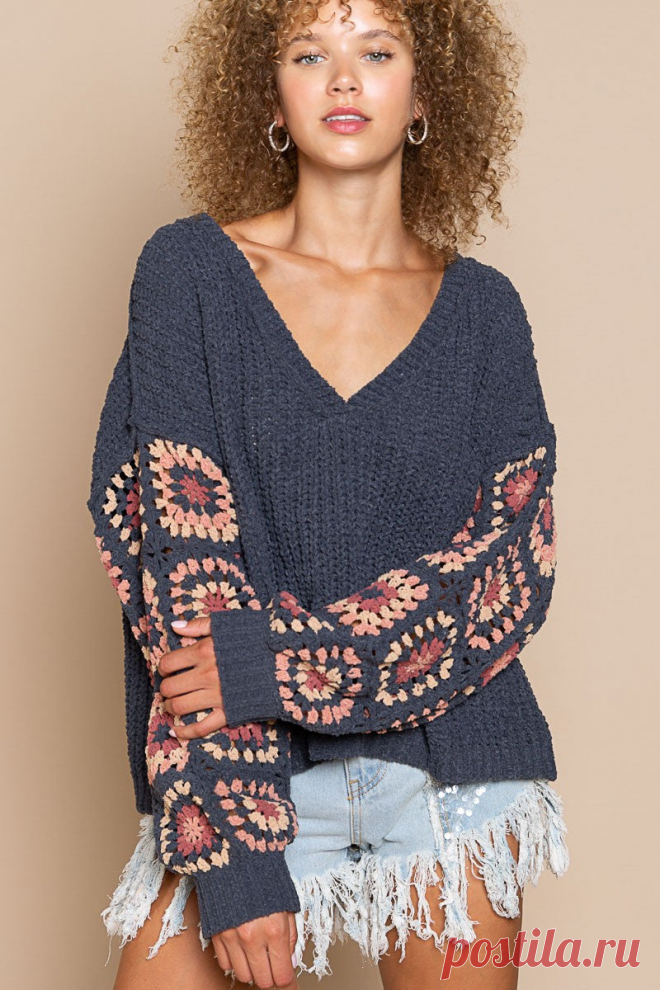 Navy Blue Sweater - V-Neck Knit - Crochet Sleeve Sweater | Boho Pink Discover the Marsha Navy Blue Crochet Sleeve Sweater at BohoPink.com! Cute V-neck sweater with grandma square sweater bell sleeves. Express shipping is available.