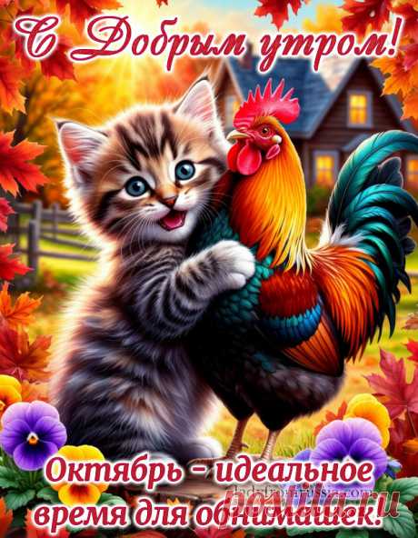 Картинка с добрым утром октября с котиком и надписью: октябрь - идеальное время для обнимашек! Осенняя открытка с добрым октябрьским утром