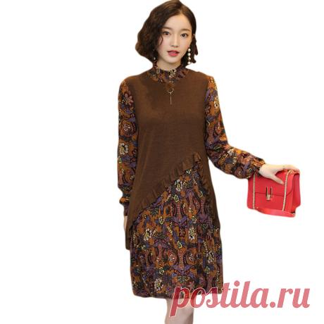Для женщин платье с принтом осень зима Ложные двух частей шерсти вязать шифоновые платья дамы с длинным рукавом Теплые; больших размеров Размеры Платья для женщин fp0220 купить на AliExpress
