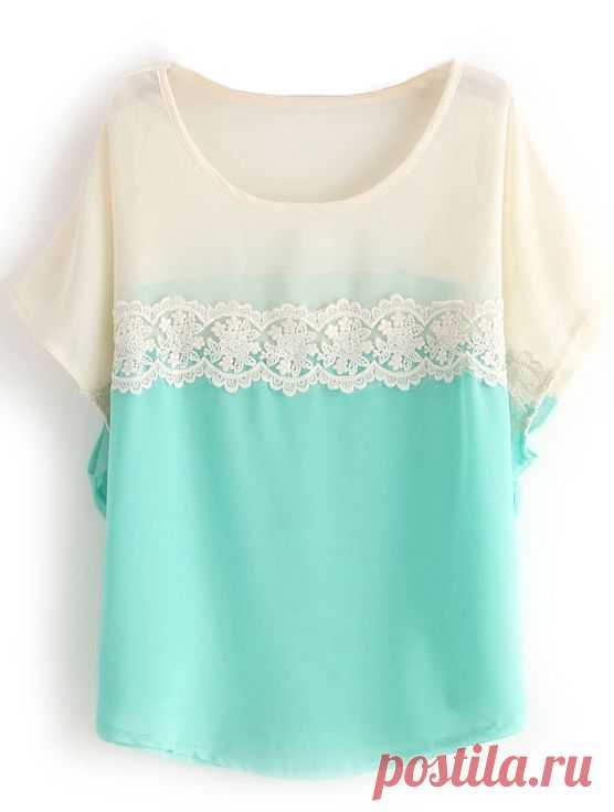 Green White Short Sleeve Lace Chiffon Blouse - Sheinside.com