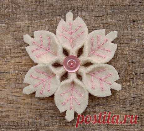Snowflake Pin Handmade Felt White With Pink Accents