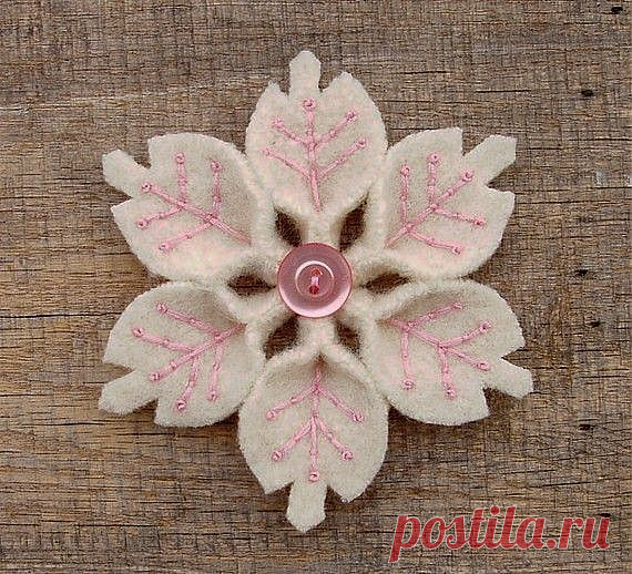 Snowflake Pin Handmade Felt White With Pink Accents