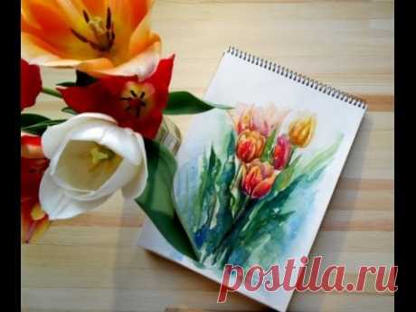 How to paint tulips in watercolor || Tutorial || Speed painting