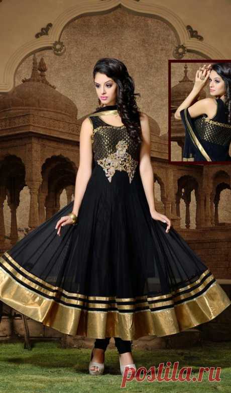 Black Net Flared Anarkali Churidar Suit | Kaneesha