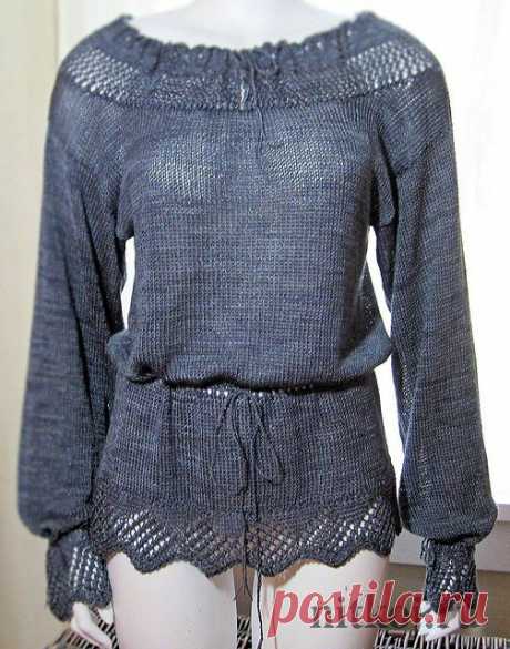 Серо-голубая кофточка спицами