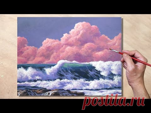 (270) Acrylic Painting Pink Clouds and Waves Seascape - YouTube