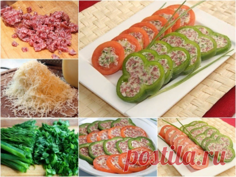 Рецепт - Закуска из перцев и томатов 
Очень красивая и праздничная закуска на праздничный стол. 

Ингредиенты: 
- небольшой пучок зелени, 
- 300 г копченой колбасы, 
-150 г сливочного масла, 
-150 г сыра, 
- 2 болгарских перца, 
- 2 томата, 
- соль и перец по вкусу. 

 ...