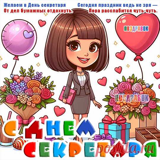 Хочу поздравить я тебя
Сегодня с днем секретаря!
Пусть шеф твой труд скорей оценит,
Ведь кто ему тебя заменит?
Ты знай, что равных тебе нет,
Хоть обыщи он целый свет!