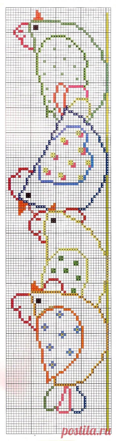 (637) 4 poules multicolores, juste le contour en point de croix | kanavice