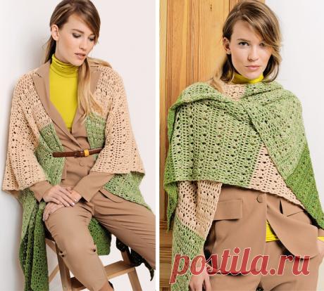Накидка крючком из пряжи трех цветов