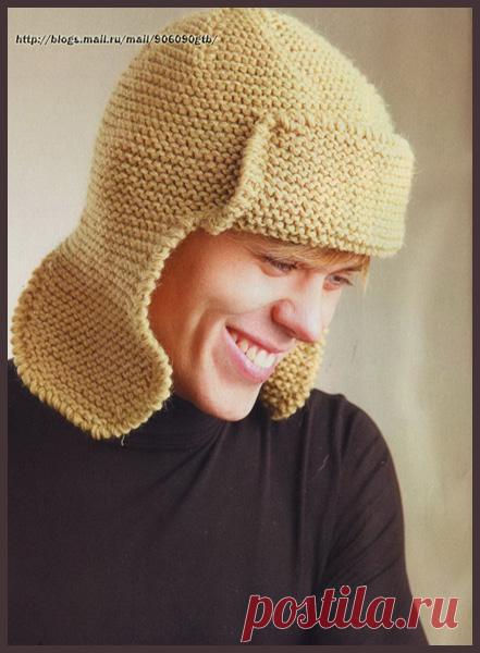 Мужская шапка-ушанка спицами