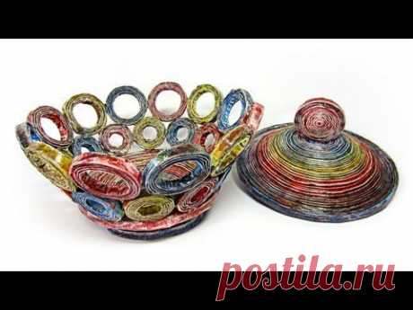 Como hacer cestas de periódico con tapa. Newspaper basket with top.