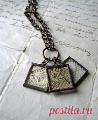 Treasured Dreams Lace Charm Necklace Three vintage lace pieces are placed between micro-thin glass, soldered and finished with an antiqued patina. The three lace charms measure 3/4 and hang from a 24 antiqued brass chain with hook and eye clasp. My jewelry is a showcase for vintage lace, quilts, paper, buttons, marbles