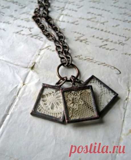 Treasured Dreams Lace Charm Necklace Three vintage lace pieces are placed between micro-thin glass, soldered and finished with an antiqued patina. The three lace charms measure 3/4 and hang from a 24 antiqued brass chain with hook and eye clasp. My jewelry is a showcase for vintage lace, quilts, paper, buttons, marbles