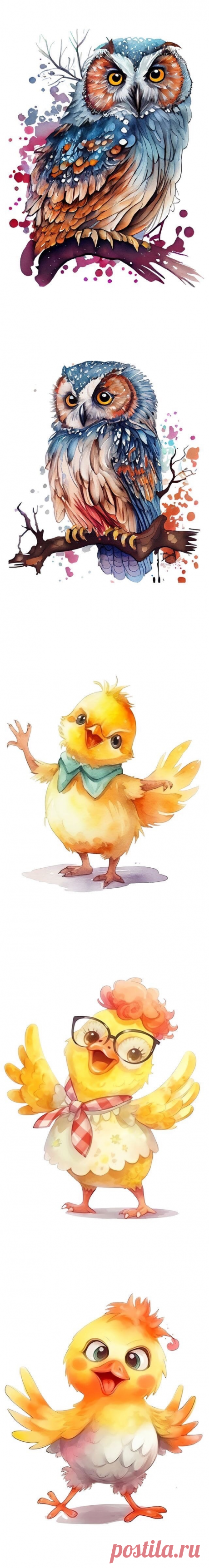 Совы,цыплята в акварели.