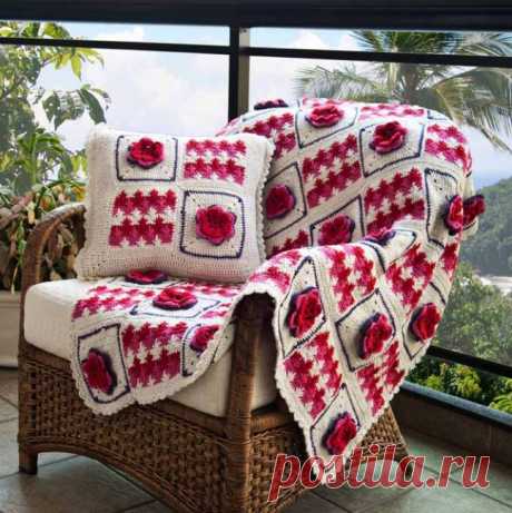 Вязаные крючком плед и подушка из цветочных и волнистых мотивов. Схемы. / knitted-style.blogspot.ru