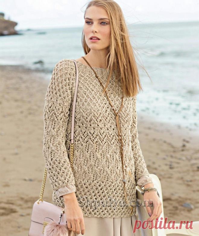 Ажурный пуловер с сочетанием узоров