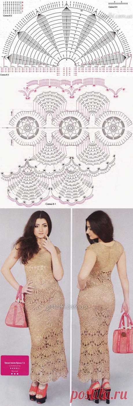 Нарядное платье крючком крупными веерами. Описание вязания, схемы