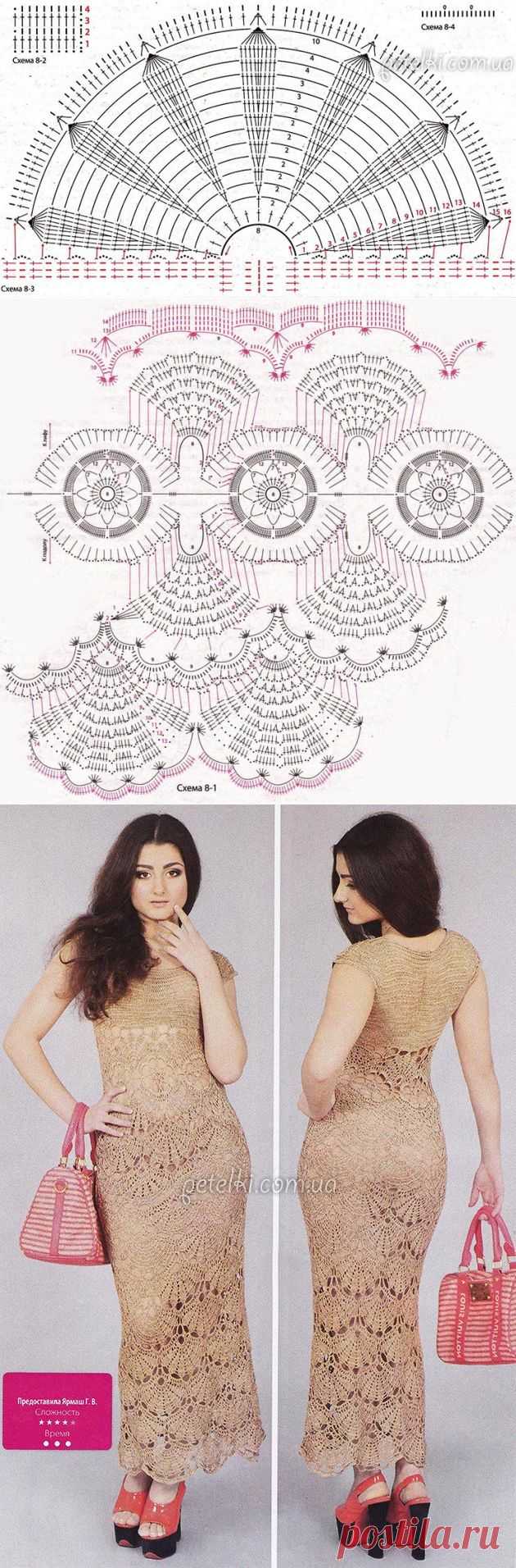 Нарядное платье крючком крупными веерами. Описание вязания, схемы