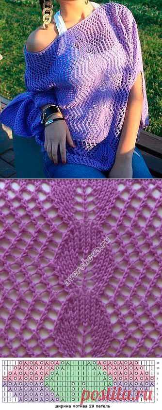 ажурный узор сеточка с центральным мотивом из листочков | каталог вязаных спицами узоров