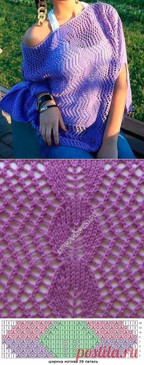 ажурный узор сеточка с центральным мотивом из листочков | каталог вязаных спицами узоров