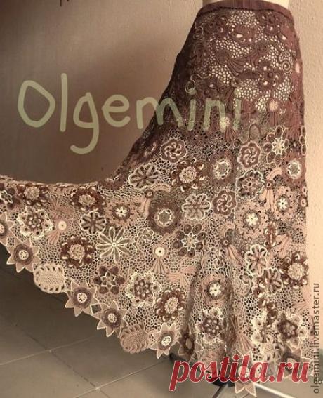 Юбка "Ганаш" - коричневый,цветочный,шоколад,ирландские кружева,крючок