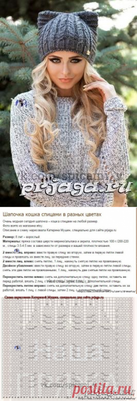 Шапочка &quot;Кошка&quot; спицами — Сделай сам, идеи для творчества - DIY Ideas