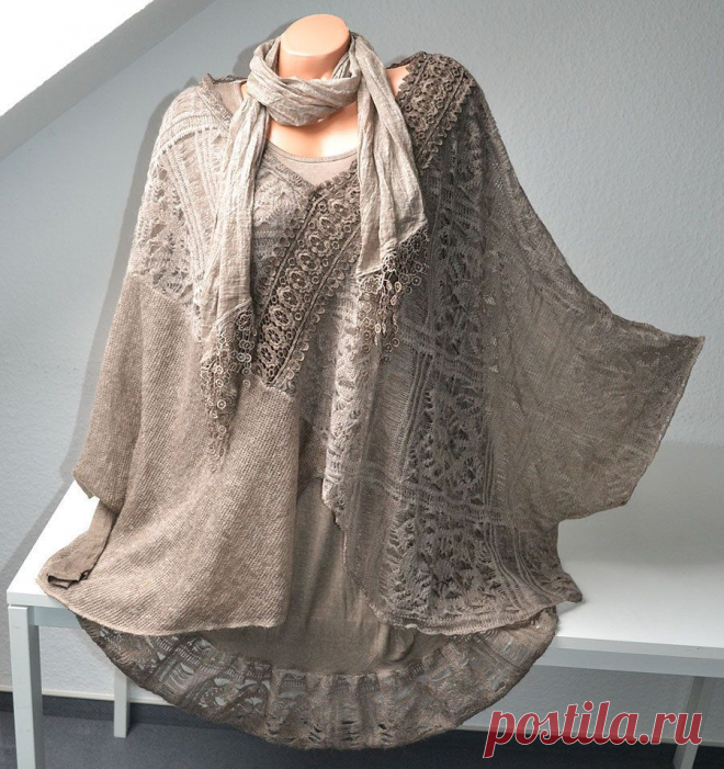 Lagenlook SET Strick Tunika PONCHO Unterkleid Farben EG ca 46 48 50 ITALY NEU | eBay
