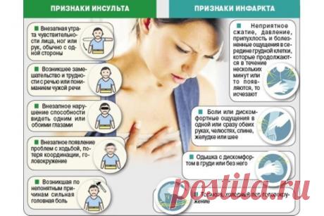 Как отличить инфаркт от инсульта? 
 
Разница между инсультом и инфарктом, кроме локализации, заключается в степени опасности, возникающей на фоне этих состояний. Если при инсульте есть шанс спасти больного в течение 2 или даже 3 часов, то к пациенту с инфарктом в некоторых случаях скорая не успевает доехать. 
 
Основные различия на картинках. Сохраняйте, возможно эта информация спасёт кому-то жизнь!
