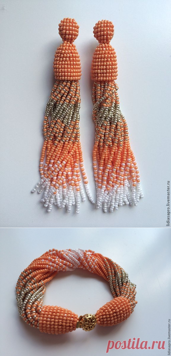 Купить Серьги и браслет Оскар персиково - золотые - золотой, персиковый, серьги из бисера, браслет из бисера