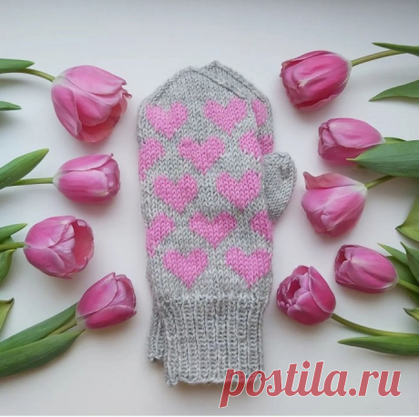 Варежки сердечные, вяжем спицами