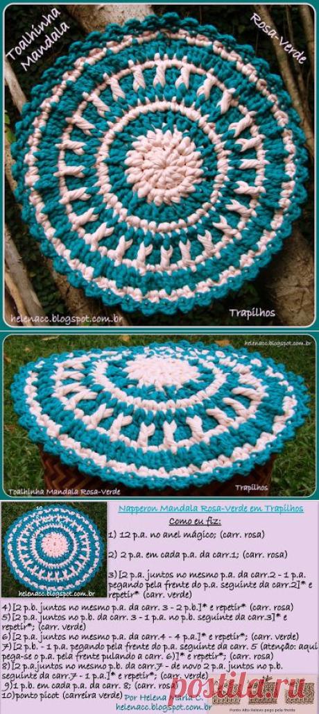 EU TAMBÉM CROCHETO...: Toalhinha Mandala Rosa-Verde em Trapilhos