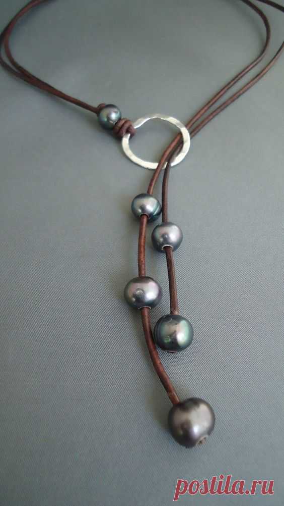 (6) Leather and Black Pearls Hammered Sterling Silver Lariat