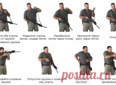 Варианты ношения оружия на трёхточечном оружейном ремне в условиях патрулирования/ближнего боя