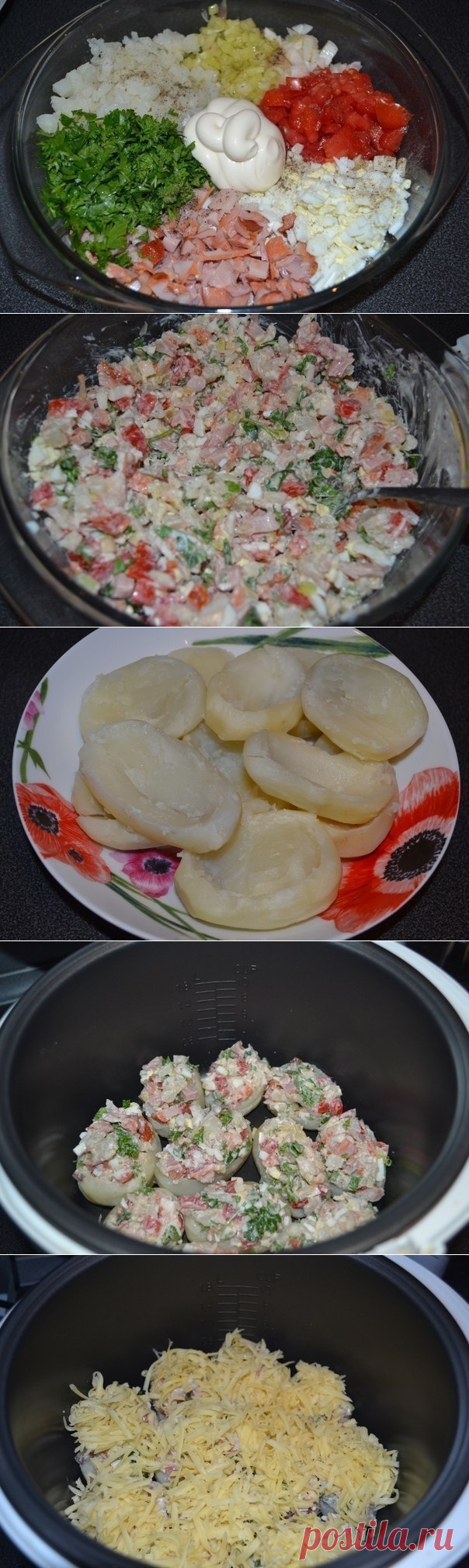 Как приготовить картофель, фаршированный копченой курицей и овощами под сыром - рецепт, ингридиенты и фотографии