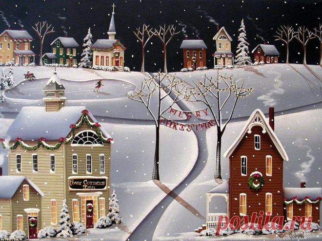 Обои Праздники Catherine Holman, Рождество, Christmas, деревня, гирлянды на рабочий стол 1024x768