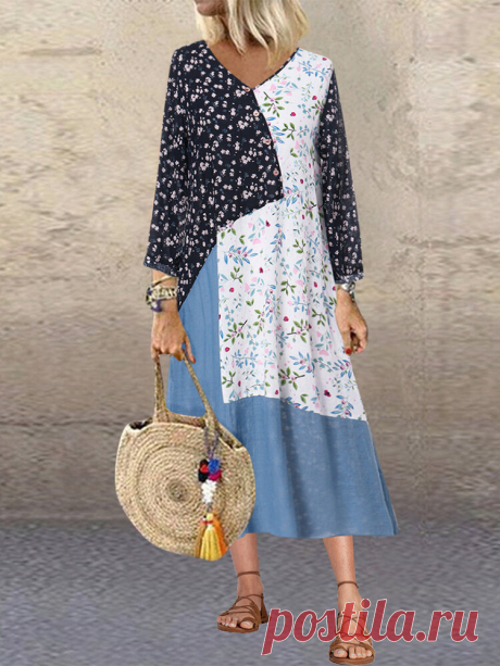 Fashion O-NEWE Floral Print Patchwork Long Sleeve Plus Size Dress{ - NewChic