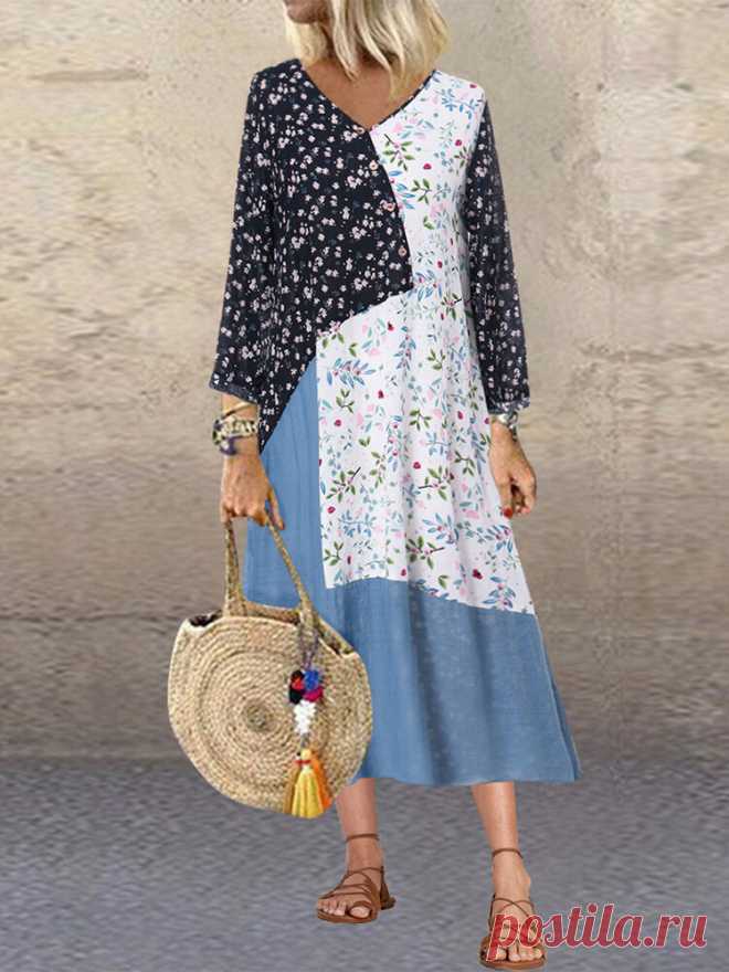 Fashion O-NEWE Floral Print Patchwork Long Sleeve Plus Size Dress{ - NewChic