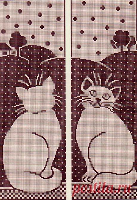 Занавеска крючком «Кошка» Схема вязания  крючком филейной занавески  «Кошка