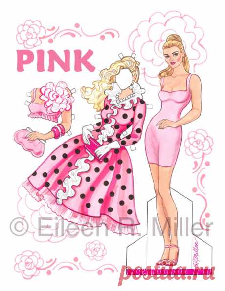 Pink Paper Doll This is a fashion paper doll with clothes all in various shades of pink. One doll with a dozen fashion pieces on 3 sheets of 8.5x11card stock. A must for collectors! This doll will be the feature art on the cover of OPDAG magazine in Winter 2012.