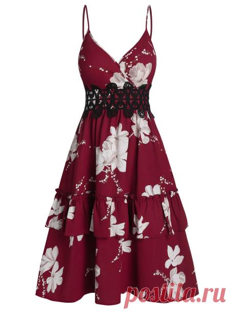 [34% OFF] 2020 Floral Pattern Ruffle High Waist Slip Dress In RED WINE | DressLily