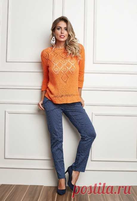 Пуловер спицами с ажурными ромбами. Orange Pullover spokes | Вязание для всей семьи