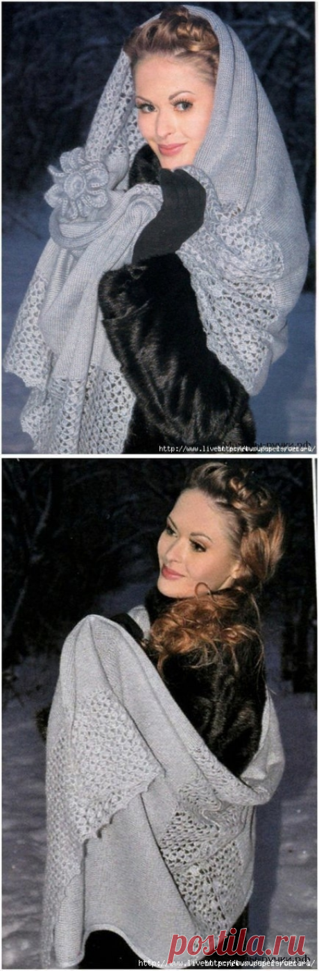 Вязаный спицами серый палантин с цветком и ажурной каймой крючком