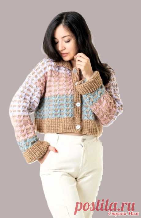 Cropped-Cable-Cardi (Укороченный кардиган с косичками) Размеры S/M (L-2X, 3X/4X)  Итоговый обхват по груди ок.112 (137, 160) см  Итоговая длина ок. 40.5 (42, 44.5) см  Материалы  • LION BRAND® HEARTLAND® 100% акрил, 250 м/140 г