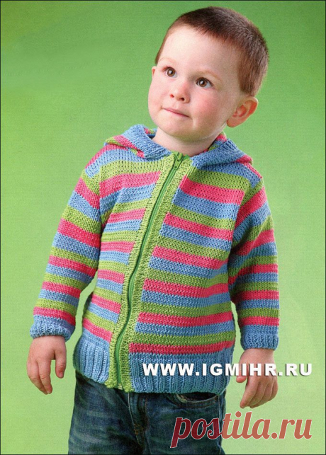 Полосатый жакет с капюшоном, для мальчика 2-3 лет. Спицы