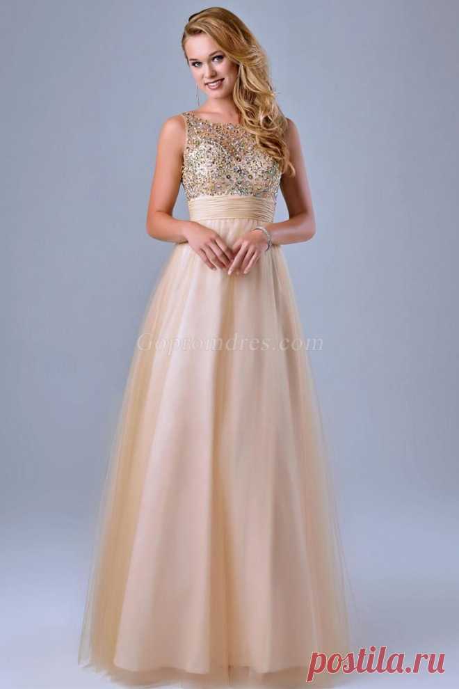 2015 Scoop Prom Dresses Beaded&Ruched Floor Length Tulle - Gopromdres.com