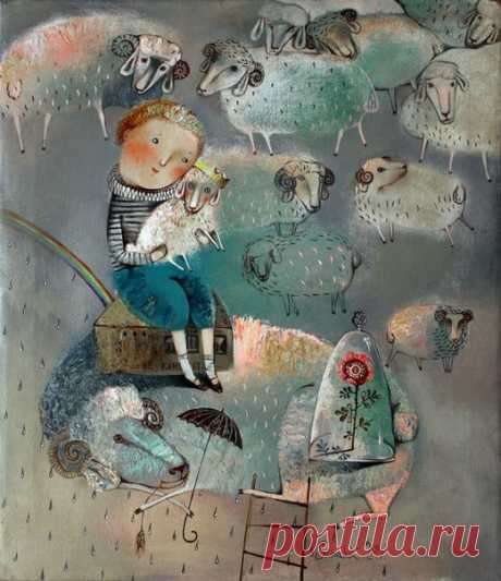 Простите, что суффикс люблю уменьшительный,
Но он такой добрый, такой утешительный:
Смени на "овечку" словечко "овца",
И вот уже жизнь не имеет конца.
И ежели облако белой овечкою
Плывёт над рекой, а тем паче над речкою,
Белея и тая в дали голубой,
То всё будет чудно и с ним и с тобой.

Лариса Миллер
Художник Анна Силивончик